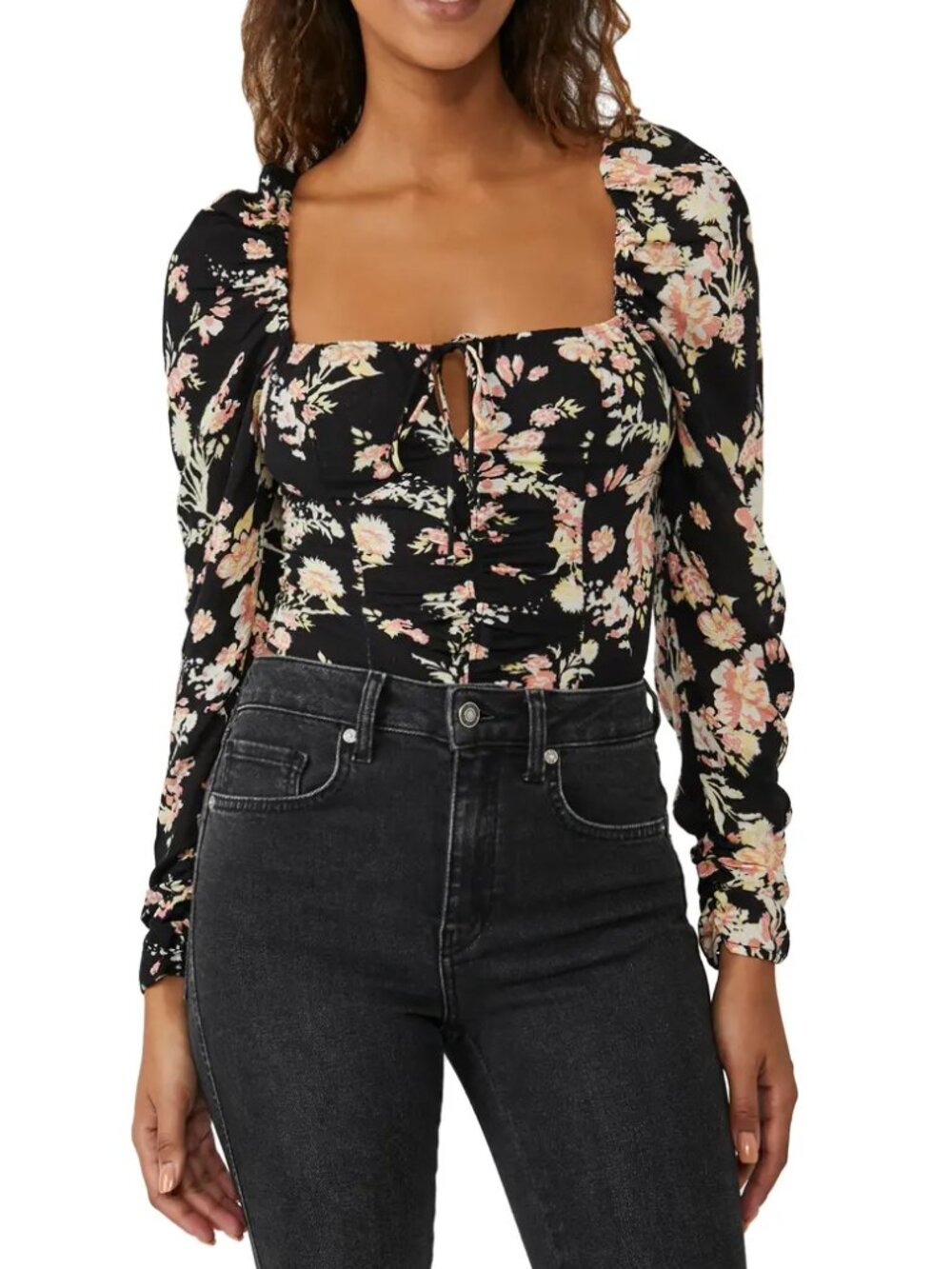 Free People Black Floral Square-Neck Tie-Front Crop Top